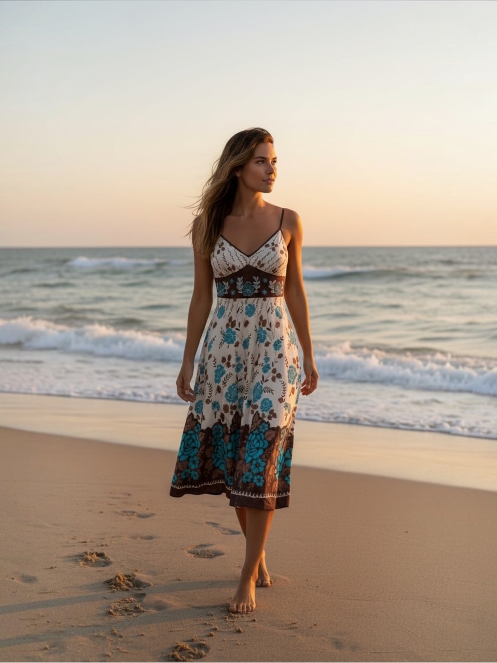 Boho, Floral Lightweight Cotton Midi Dress Teal Cream Brown Whimsical Dress